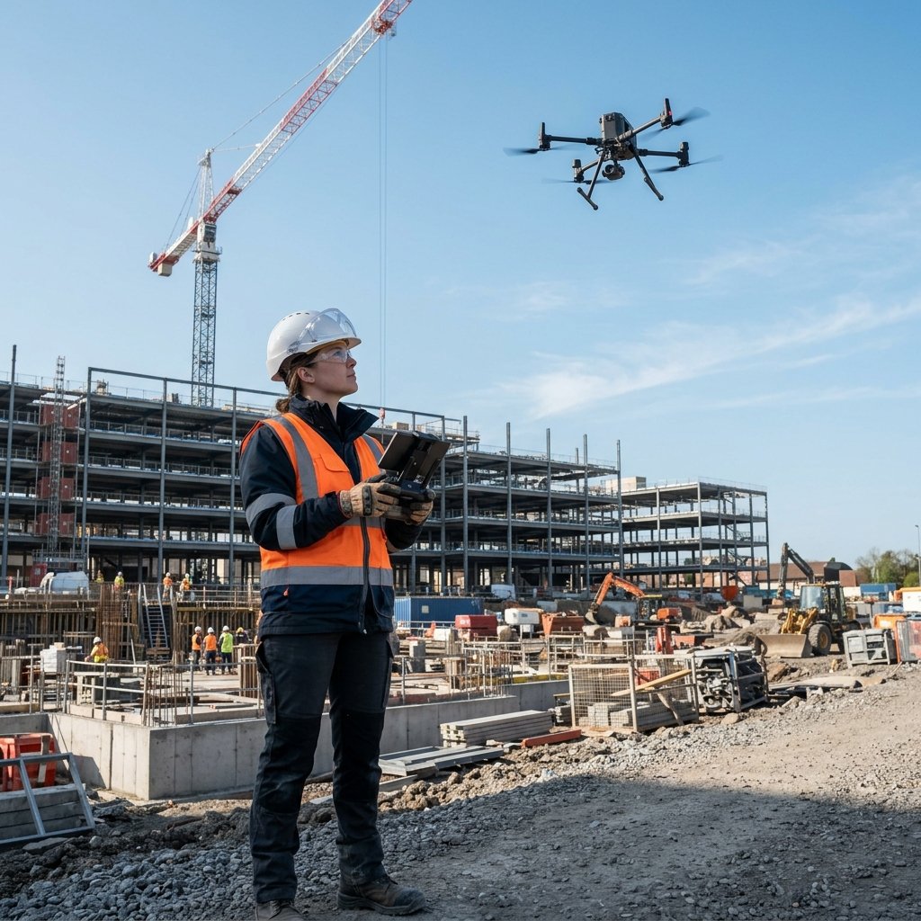 Ingeniero operando dron en obra